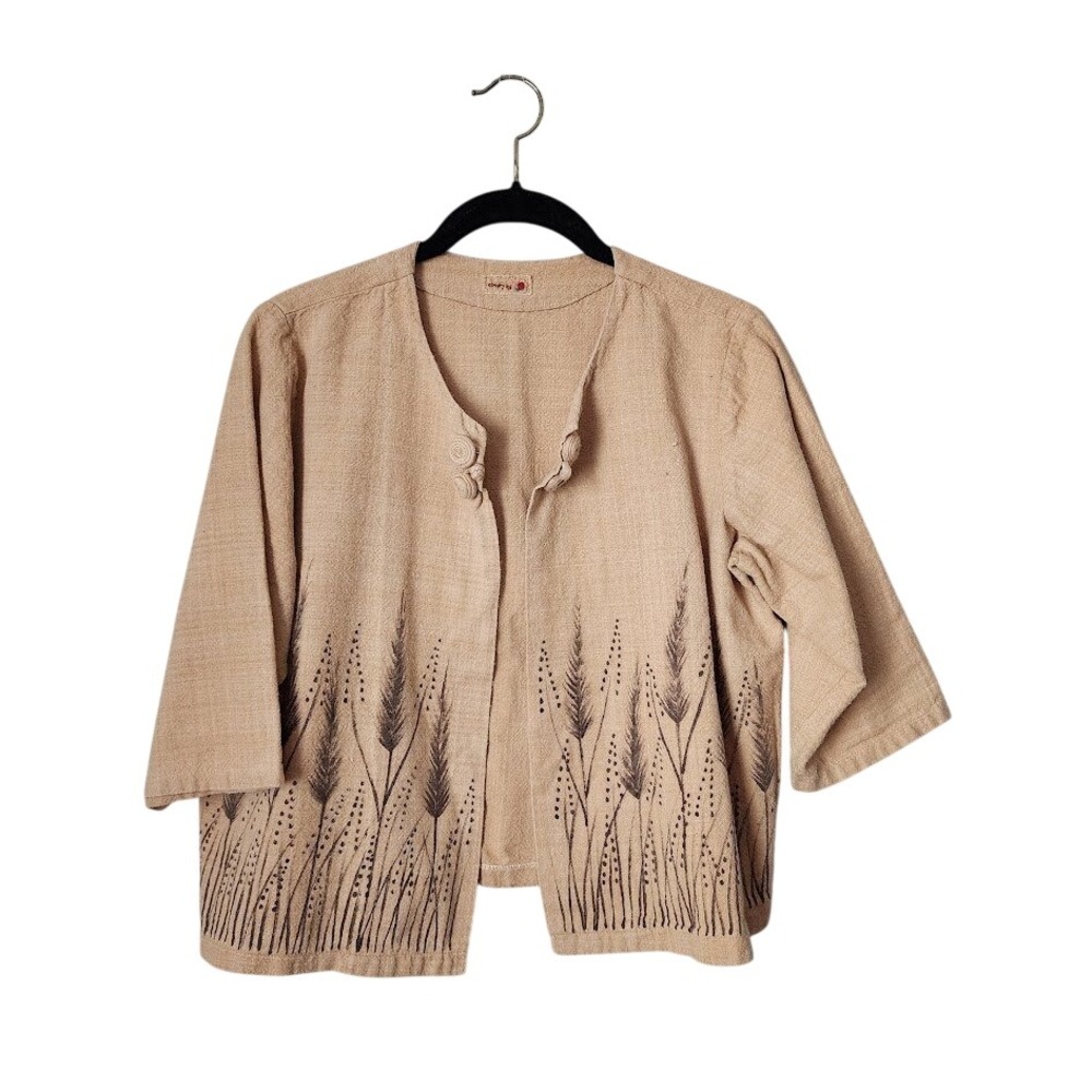 VINTAGE Tan Wheat Print Linen Blend Jacket Cottagecore Prairie